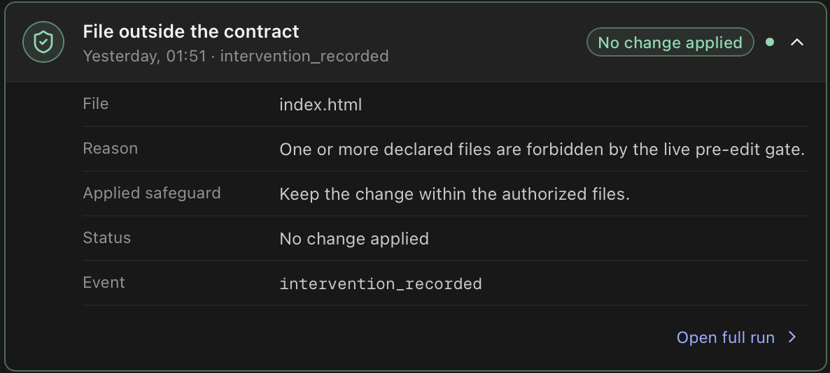 Kaplira intervention receipt showing index.html outside the authorized scope and no change applied